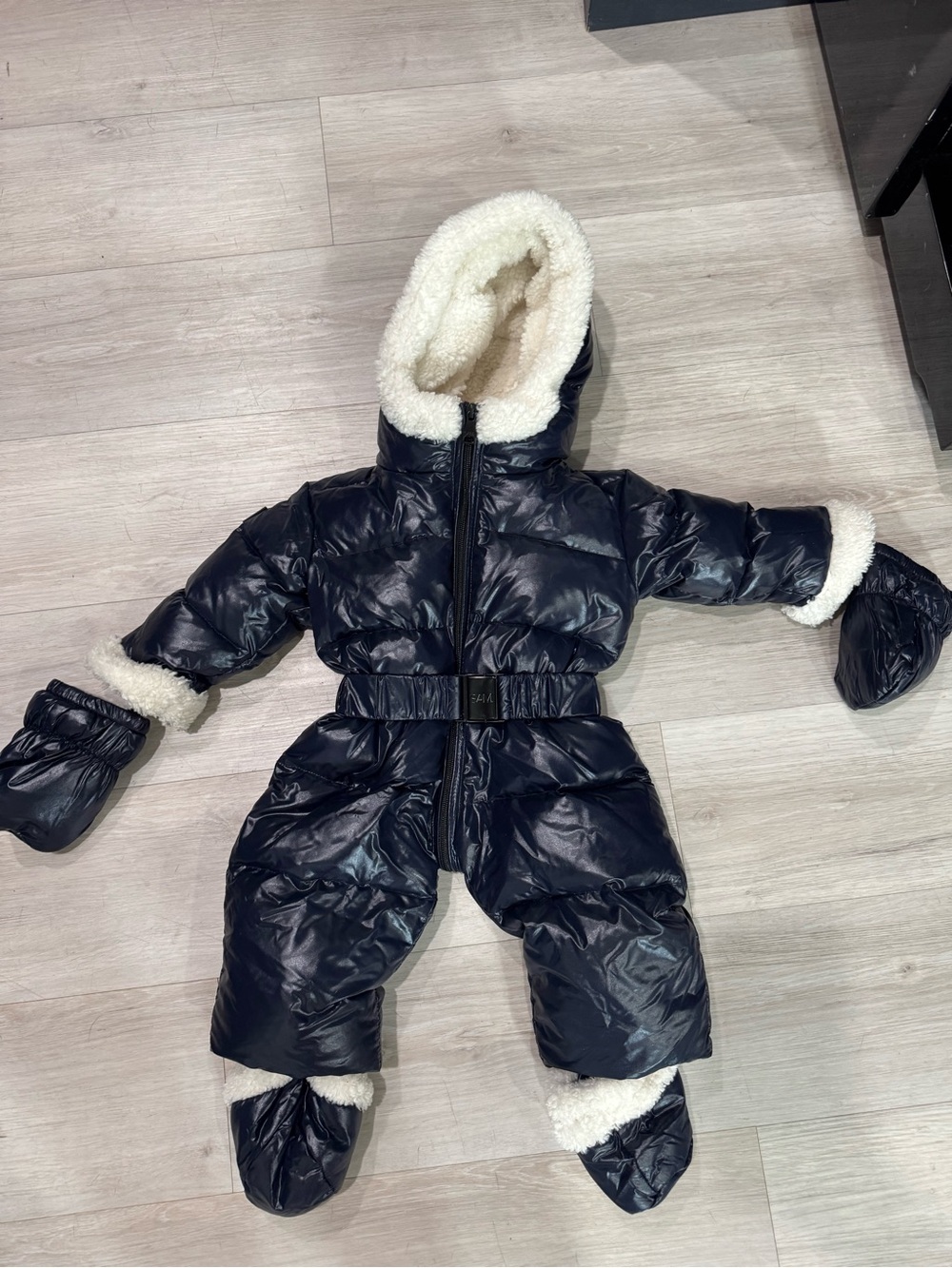 SAM. Shiny Navy Puffer Jacket with Logo Buckle